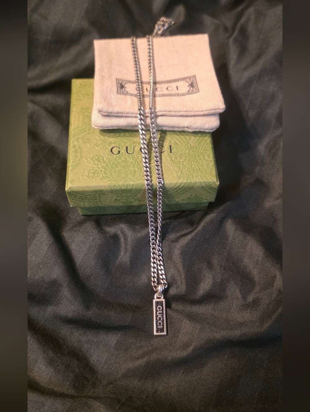 Gucci Men's Enamel Logo Pendant Chain Necklace925 Silver Preowned With Box